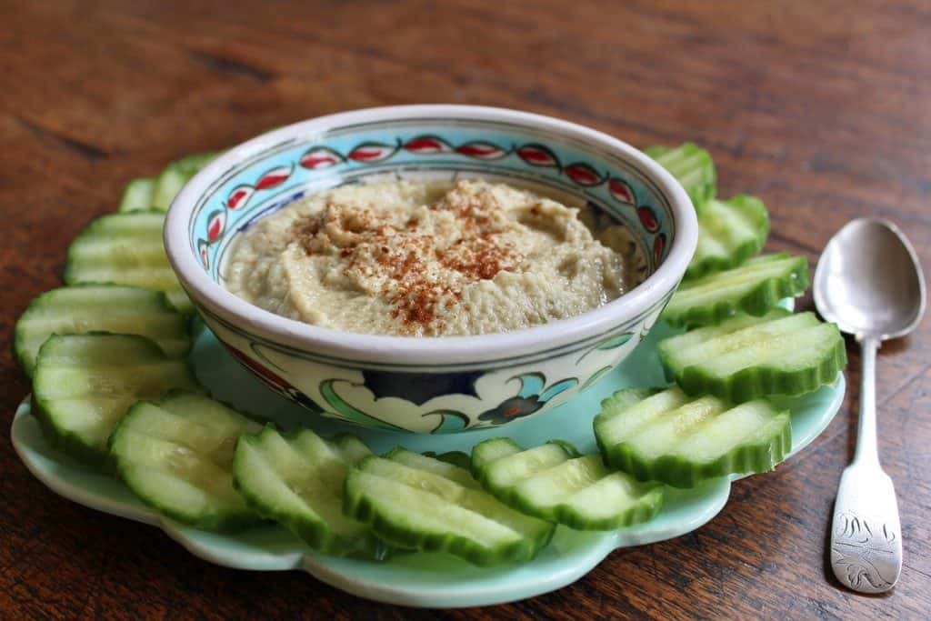 Tomato and olive dip with cucumber 'crackers'